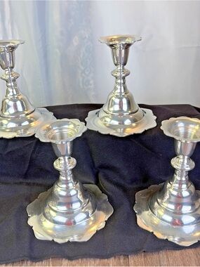 Set of 4 Vintage Kirk Stieff Solid Pewter Scalloped Pedal Design 5" Candlesticks